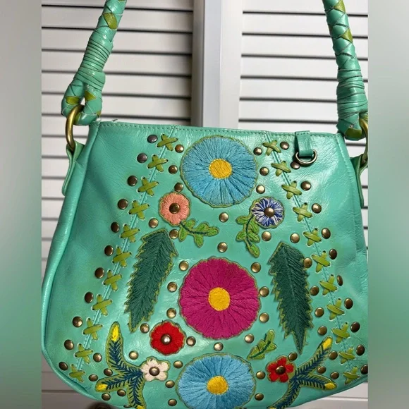 Vintage Consuela Leather Shoulder Tote Bag Teal With Colorful Flower Embroidery - Picture 9 of 16